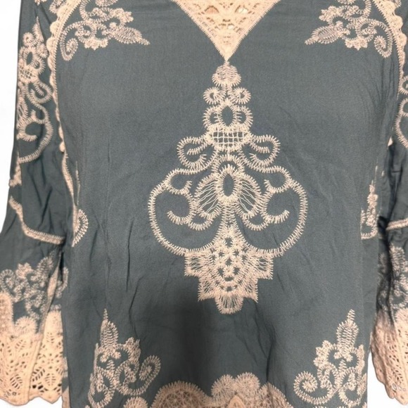 Democracy Blue Boho Embroidered Lace Trim Top Women's Small – Rayon Cotton Blend - Picture 3 of 8